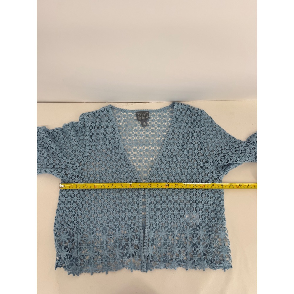 Rabbit Rabbit Rabbit Designs Blue Crochet Cotton Cardigan Sweater Sz M - Picture 5 of 9